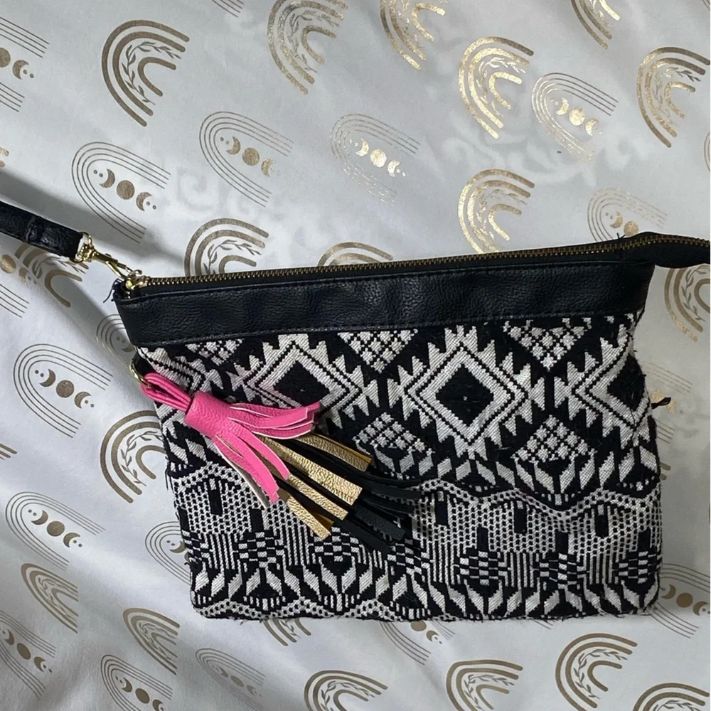 Geometric Black and White Clutch with Pink Tassel